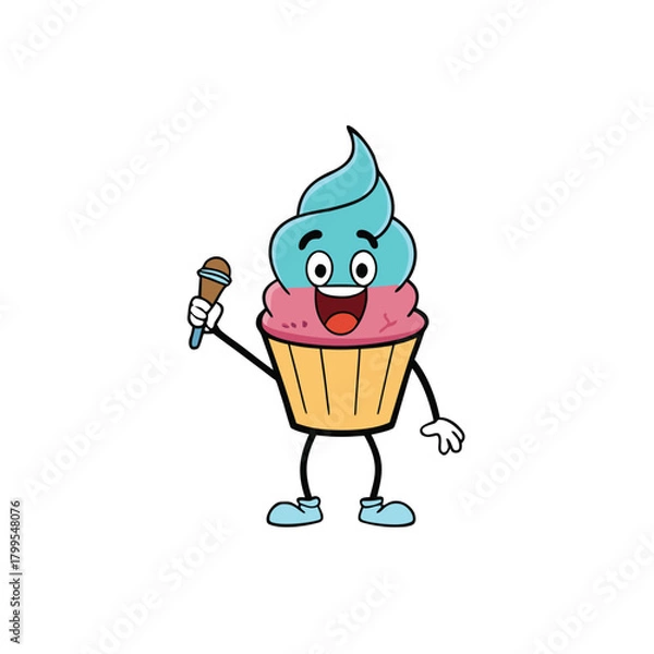Fototapeta singing cupcake character  icon on white