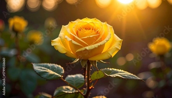 Obraz Close-up of a blooming yellow rose, bathed in golden sunlight