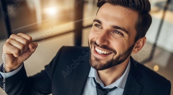 Fototapeta Smiling Businessman Flossing Teeth for Perfect Oral Hygiene and Fresh Breath