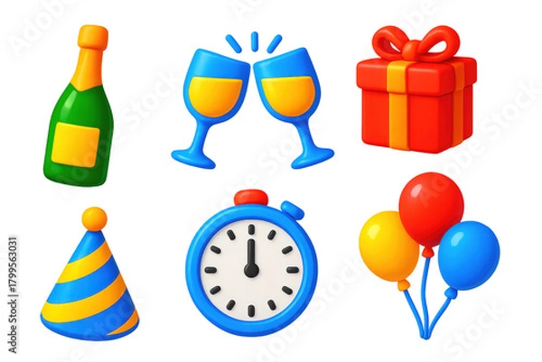 Fototapeta Set of icons for a party, including a clock, balloons, and a gift box