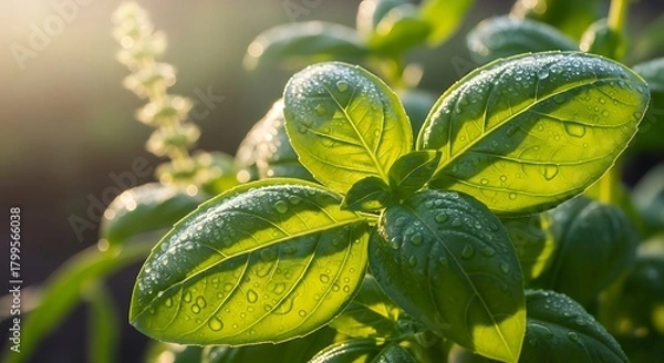 Fototapeta Vibrant Green Herb Leaves with Morning Dew and Sunlight Close up