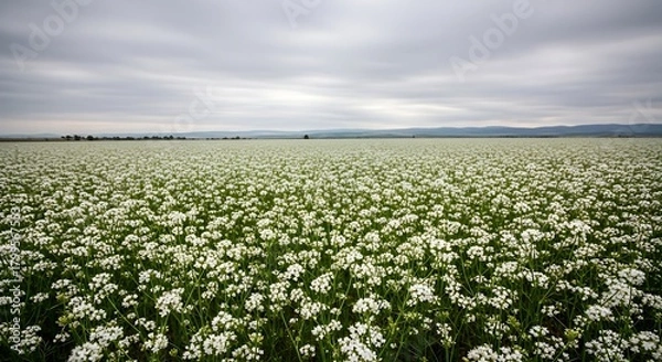 Obraz Vast Field of White Blossoms Under a Dramatic Overcast Sky