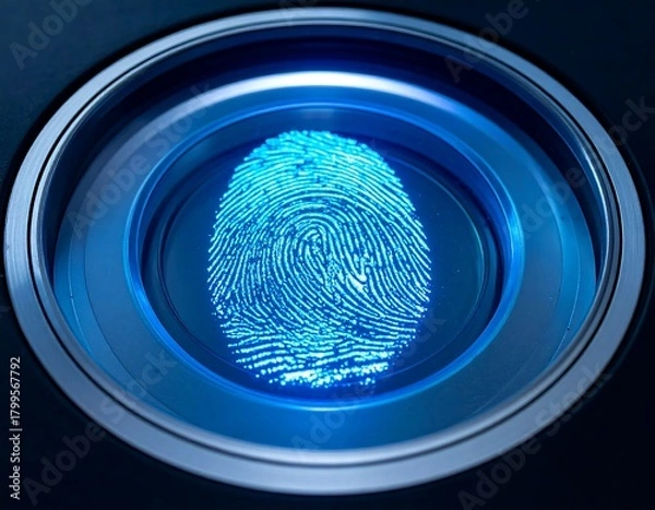 Obraz Close-up of a blue illuminated fingerprint sensor scanning a finger