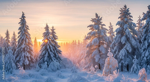 Fototapeta 3d icon of snow covered fir trees in winter forest at sunrise with sun shining through the trees in finland