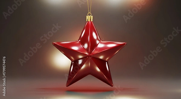 Fototapeta 3d icon of a shiny red star christmas ornament hangs from a gold string, ready to decorate the christmas tree