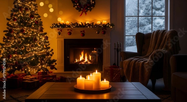 Fototapeta 3d icon of cozy living room with a fireplace, christmas tree, and candles creating a warm and inviting atmosphere