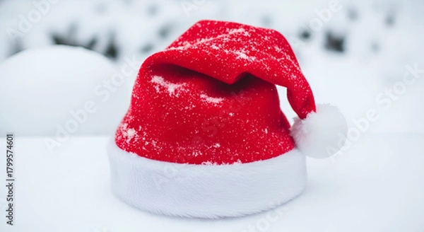 Fototapeta 3d icon of red santa claus hat covered in snow sitting on a snowy surface in a winter landscape