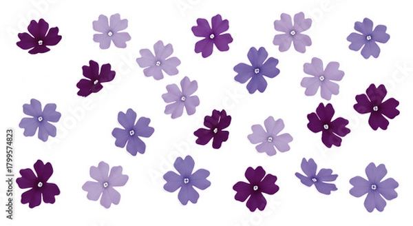 Obraz A scattering of delicate purple and lilac flowers on a white background, perfect for decorative purposes
