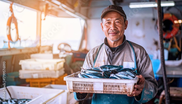 Fototapeta A man on a boat shows off a crate full of freshly caught sardines
