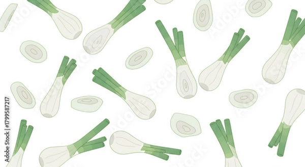 Obraz Scattered pattern of fresh green onions and their sliced cross-sections on a light background