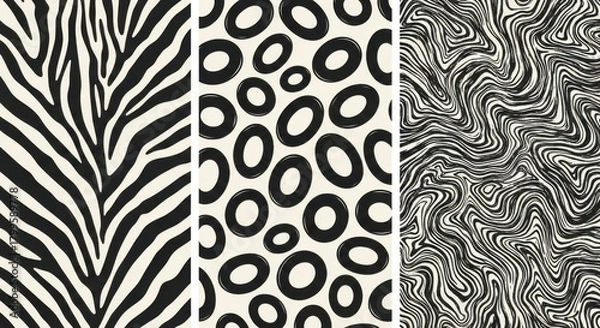 Obraz A collection of three seamless patterns featuring zebra stripes, abstract circles, and swirling marble textures isolated on white background