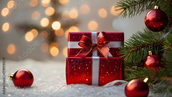 Obraz Beautiful Christmas Gift Scene with Red Presents and Festive Decorations