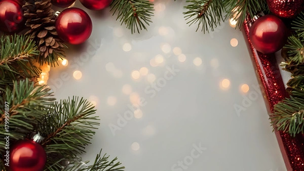 Obraz Beautiful Christmas Gift Scene with Red Presents and Festive Decorations