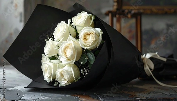 Obraz Close-up of a bouquet of white roses wrapped in black paper