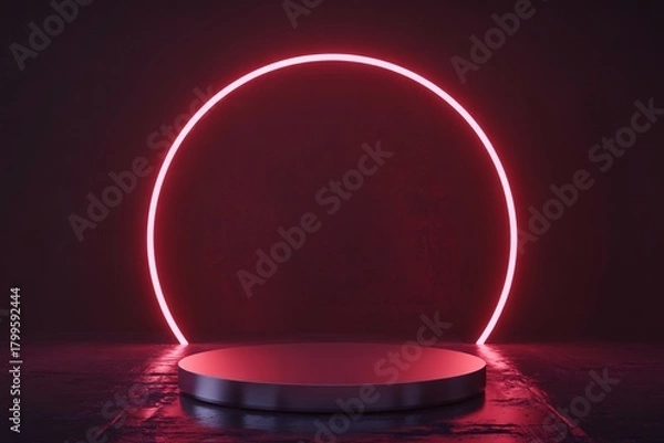 Obraz Showcase your products with this modern red neon podium and circle, perfect for a vibrant and eye-catching display that will impress your customers