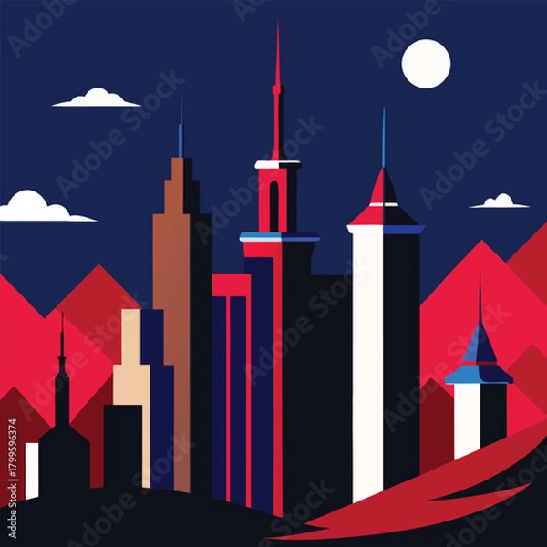 Obraz Dramatic City Skyline at Night with Skyscrapers and Moon, Abstract Architecture Illustration in Red and Navy Blue Tones