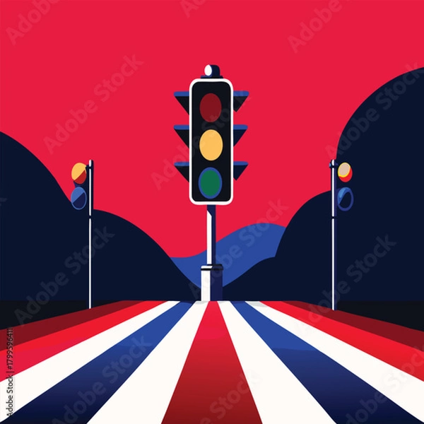 Obraz Traffic Lights and Zebra Crossing at Sunset, Graphic Illustration in Striking Red and Blue Color Palette, Urban Safety Concept