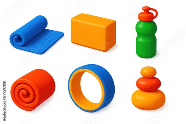 Obraz Set of six different colored toys, including a blue yoga mat