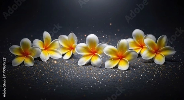 Obraz A serene arrangement of plumeria flowers with yellow centers rests on a dark, shimmering surface, creating a captivating contrast