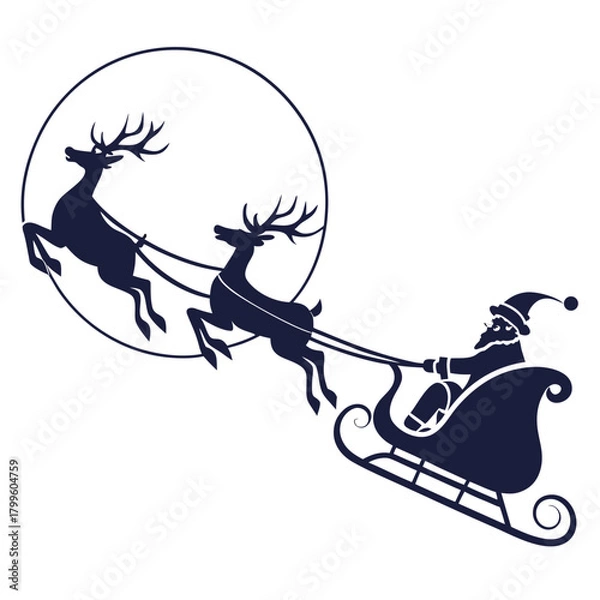 Obraz Christmas Eve Silhouette: Santa Claus and his reindeer team soar across the night sky, their silhouettes dancing against the backdrop of a full moon, heralding the magic of the holiday season.