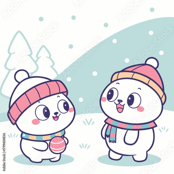 Obraz Winter Wonderland Companions: Two charming polar bear characters bundled in cozy winter attire share a heartwarming moment within a snowy landscape, exuding playful glee.