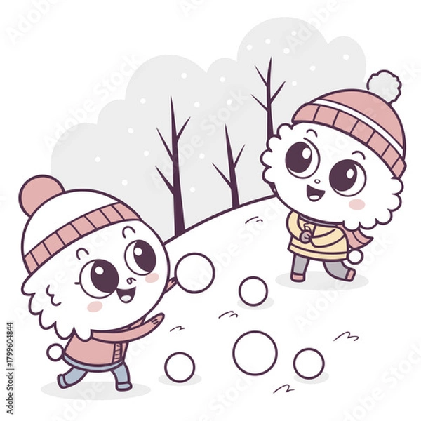 Obraz Snowball Fun: Animated characters in warm winter attire engage in a playful snowball fight, amidst a snowy landscape of trees and wintery delight. 