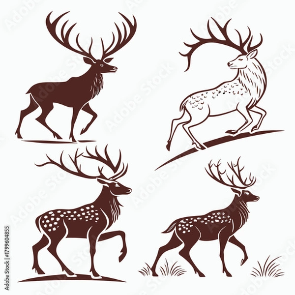 Obraz Majestic Deer Collection: A collection of four elegant deer illustrations, showcasing diverse poses and antler designs. Ideal for showcasing wildlife's beauty and strength.