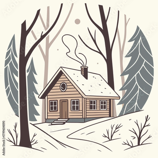 Obraz Cozy Cabin in Snowy Forest: An illustration captures the inviting scene of a quaint wooden cabin nestled among snow-covered trees in a tranquil forest. Smoke gently rises from the chimney.