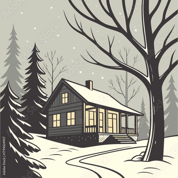 Obraz Winter cabin scene: A cozy cabin nestled in a snowy winter wonderland, inviting warmth and tranquility amidst the frosty landscape. The gentle snowfall and bare trees add to the serene atmosphere.