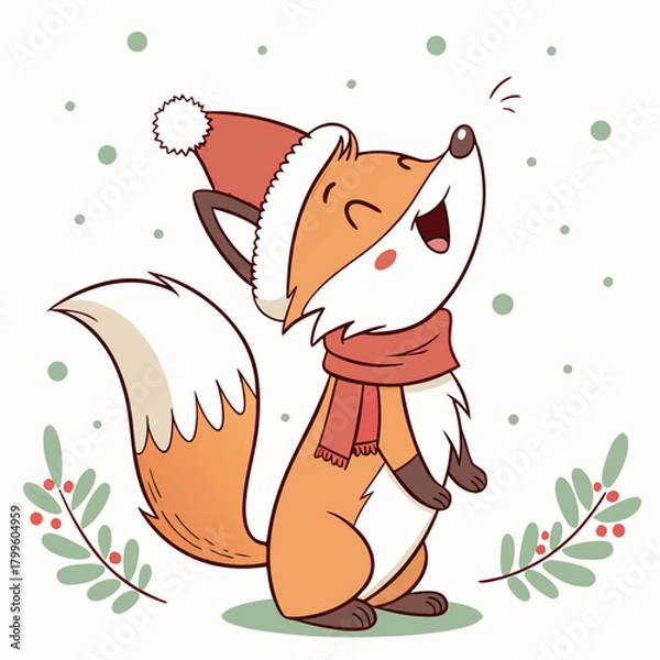 Obraz Festive Fox Merriment: An illustration of a cheerful fox, adorned in a festive hat and scarf, stands animated amidst falling snowflakes and holiday decor. It's a whimsical expression of seasonal joy.