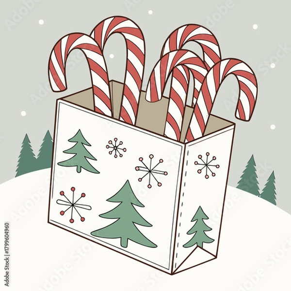 Obraz Festive Candy Canes: A delightful collection of candy canes nestles in a decorative gift bag, with a winter wonderland, creating a scene of holiday cheer.