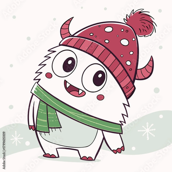 Obraz Charming Winter Creature: A cute cartoon monster, bundled up in a cozy hat and scarf, frolics in the snow, bringing smiles and cheer with its playful demeanor.