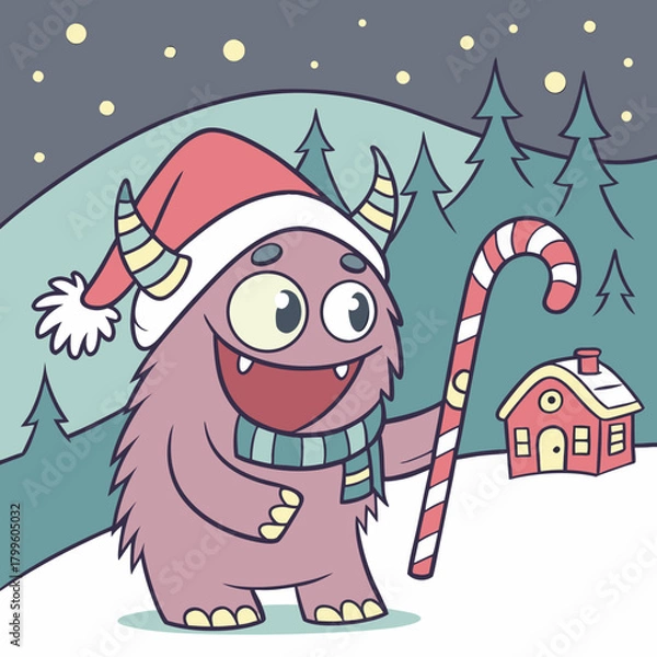 Obraz Festive Monster: A jolly monster, donned in a Santa hat and scarf, stands in a snowy wonderland, clutching a candy cane and beside a small house, embodying the playful spirit of winter.