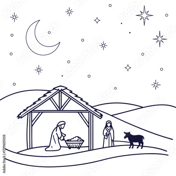 Obraz Nativity Scene Illustration: A serene illustration of the nativity scene with the holy family, night sky filled with stars and crescent moon, symbolising the holy birth.