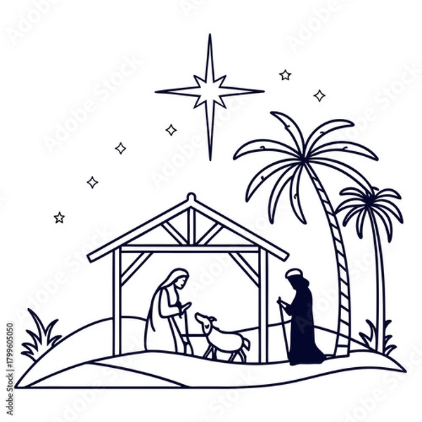 Obraz Sacred Scene Silhouette: A depiction of the nativity scene, showcasing a humble manger where a newborn rests, attended by figures in silent reverence, all under the gentle gleam of a guiding star.