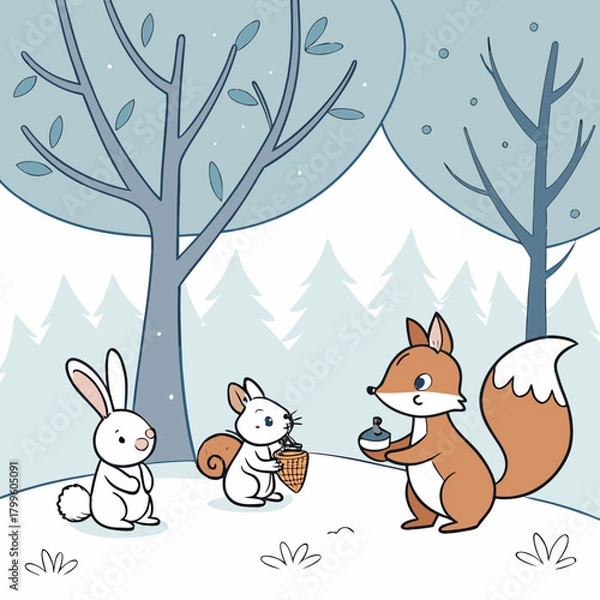 Obraz Winter Forest Friendship: A heart-warming illustration depicts a trio of woodland animals: a curious bunny, a charming squirrel, and a friendly fox.