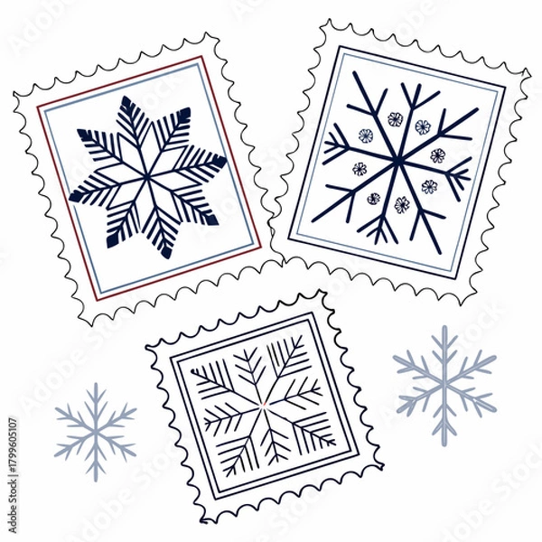 Obraz Winter Wonders: Snowflake Stamps Adorned in a festive winter collection, a set of snowflake-themed postage stamps, celebrating the season's serene beauty and detailed patterns.