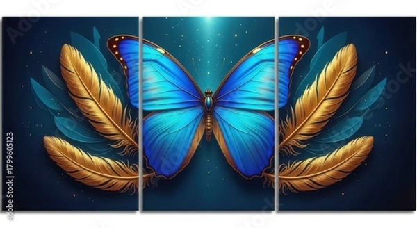 Obraz Vibrant blue butterfly with golden feathers on a dark teal background, creating a magical and enchanting composition