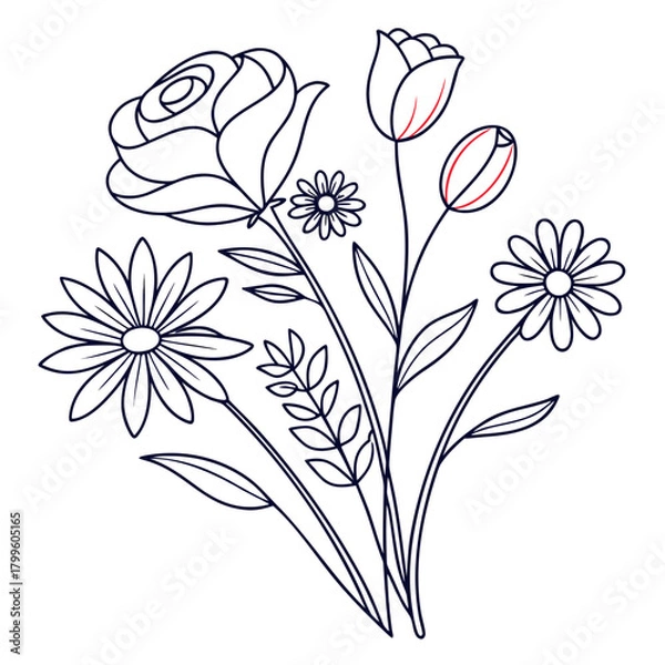 Obraz Floral Composition Outline: a delicate illustration with beautiful rose and tulip flowers is displayed, offering a sense of beauty and simplicity. The hand-drawn outline invites creativity.