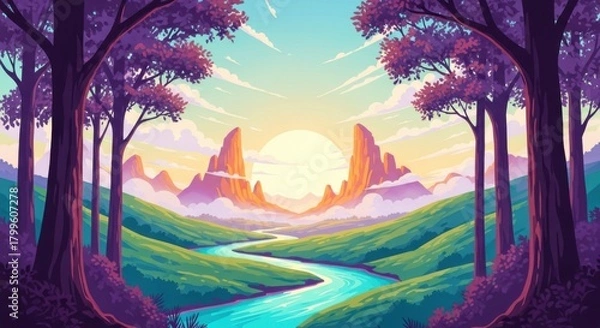 Obraz A vibrant landscape featuring a winding river, lush greenery, and majestic mountains under a radiant sunset sky