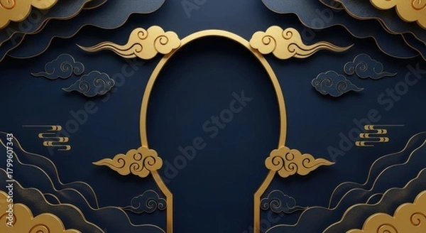Obraz A captivating orientalthemed backdrop featuring a golden archway adorned with delicate clouds against a deep blue background