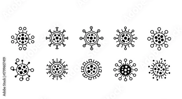 Fototapeta Collection of ten stylized virus icons in a black and white outline design.