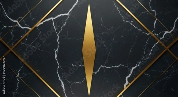 Obraz An elegant black marble background with golden geometric lines and a central diamond shape, creating a luxurious and modern aesthetic