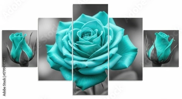 Obraz Monochrome background with a vibrant turquoise rose in the center and two rosebuds on the sides isolated on white background