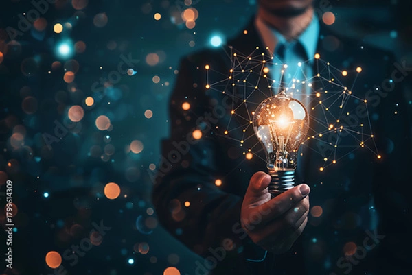 Obraz ひらめきを象徴する電球を持つビジネスマン