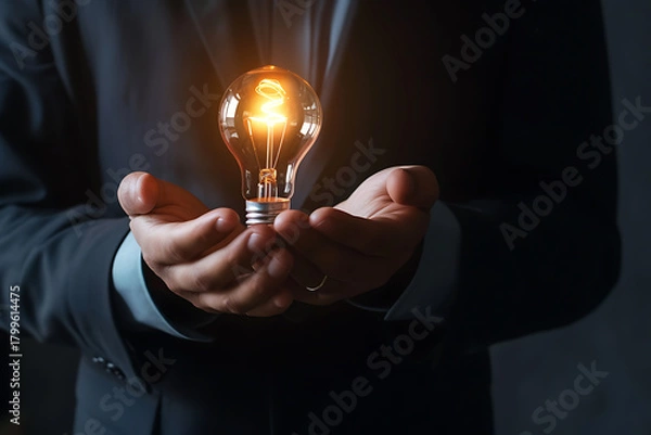 Obraz ひらめきを象徴する電球を持つビジネスマン