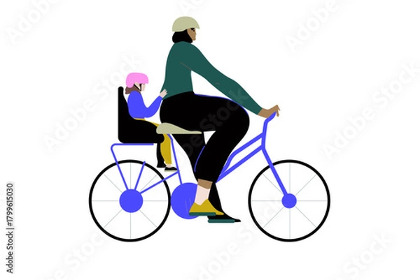Obraz Active mother and daughter riding a bike vector flat illustration. Happy family riding a bike together, isolated on white background. Concept of healthy lifestyle, leisure and spending time outdoors.
