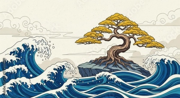 Obraz A serene bonsai tree perched atop a rocky outcrop amidst a tempestuous sea with swirling clouds in the background
