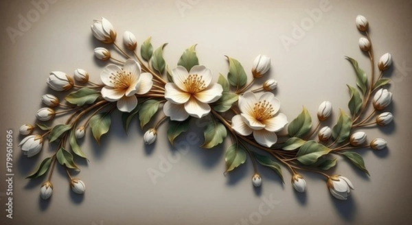 Obraz Elegant floral arrangement featuring delicate white flowers and lush green leaves on a soft, neutral background, isolated on white background