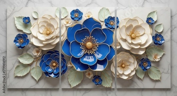 Obraz A stunning triptych of white and blue flowers with golden accents on a marble background, creating a luxurious and elegant wall art piece